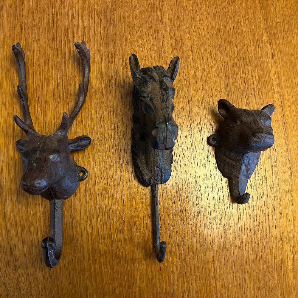 Cast iron animal coat hooks - set of three